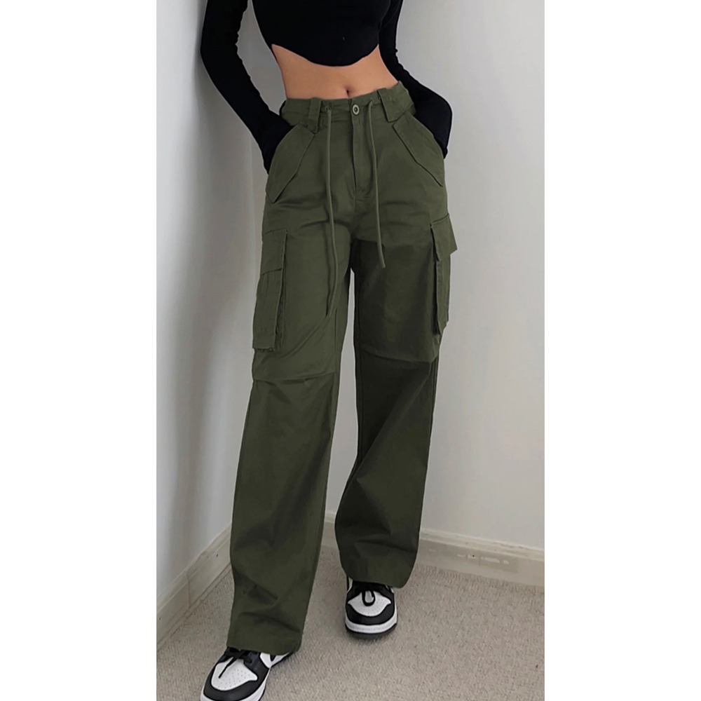 Commense Solid Drawstring Cargo Parachute Straight Leg Pants Olive Green Medium